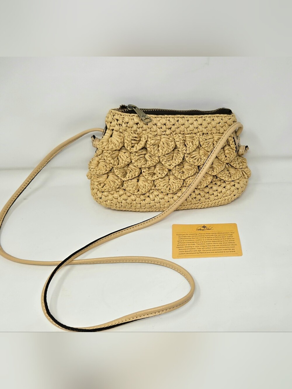 Patricia Nash Bacoli Leather Trim Scalloped Woven Raffia Small Crossbody Bag
